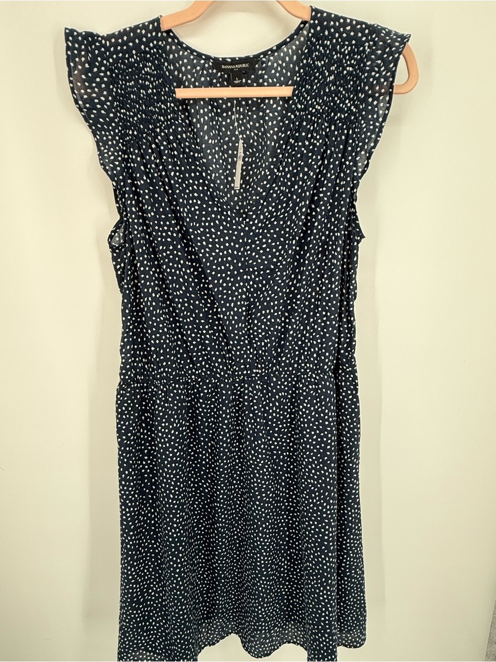NWT Banana Republic Women Dress Navy White Polka Dot Flutter Sleeve Mini Large